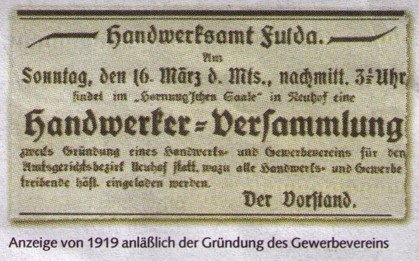 Anzeige von 1919 zur Gründung des Gewerbevereins